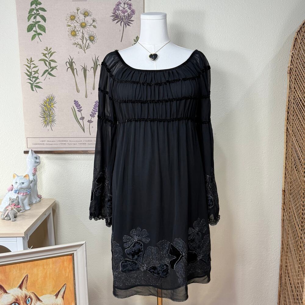 Vintage 90s Y2k Balloon Sleeve Floral Velvet Dress Romantic Goth Whimsigoth M